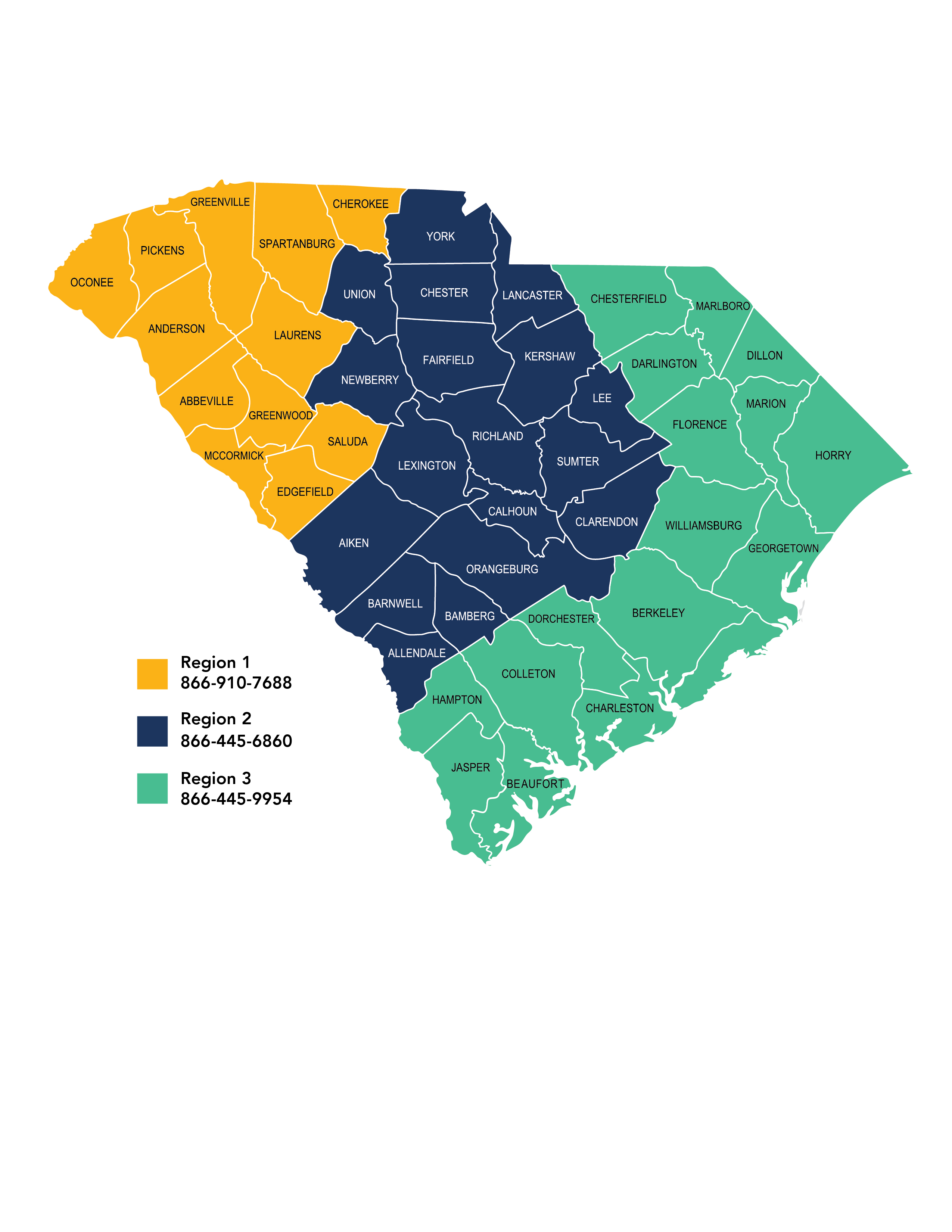 Mapa de Carolina del Sur codificado por colores para tres regiones